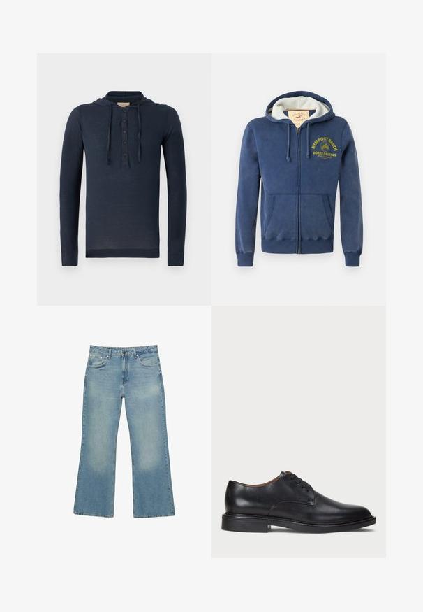 Sötétkék cipzáras kapucnis pulóver pamut keverékből, bélelt kapucnival, két elülső zsebbel és sárga nyomtatott szöveggel, pálmafás mintával.; Tengerészkék, hosszú ujjú, kapucnis ing, gombos gallérral és húzózsinórral, könnyű és enyhén áttetsző anyagból.; Világoskék farmer széles lábú nadrág öt zsebbel, gombos zárással és enyhe kopással, nyers szegéllyel és robusztus varrással.; Fekete bőrből készült dresszcipő kerek orral, fűzős kialakítással és alacsony, rétegelt sarkával. Simás felület minimális varrási részletekkel.