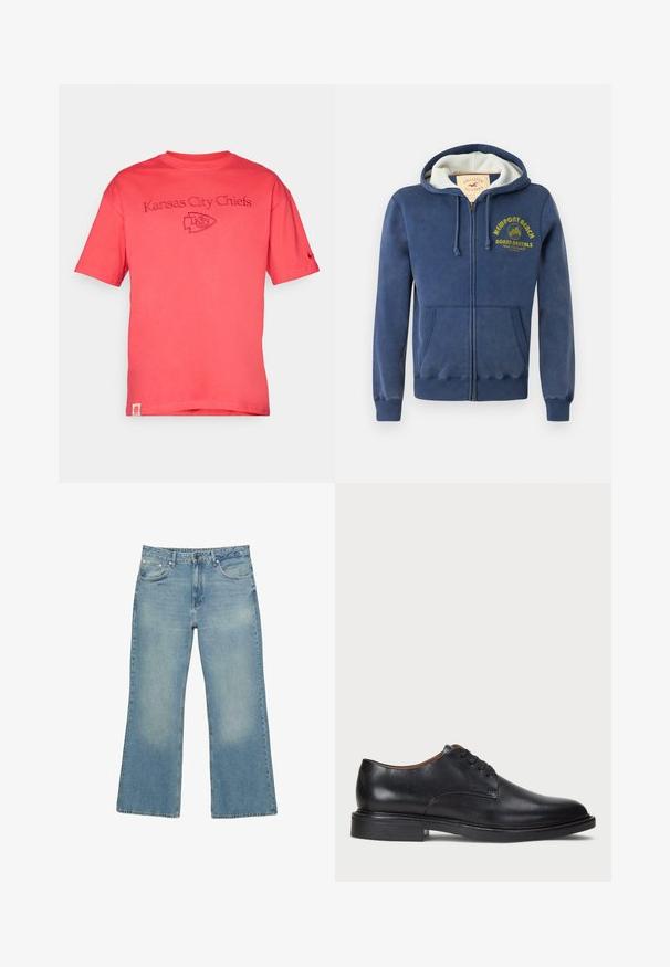 Mörkblå zip hoodie i bomullsmix, med foder i huvan, två framfickor och gul tryckt text med palmträdsmotiv.; Koral kortärmad t-shirt i bomull med broderad text och logotyp "Kansas City Chiefs" på framsidan.; Ljusblå denimbyxor med vida ben, fem fickor, knappstängning och subtila blekningar, med rå fåll och robust sömnad.; Svart läderklänningsko med rund tå, snörning och låg staplad klack. Slät yta med minimala sömdetaljer.
