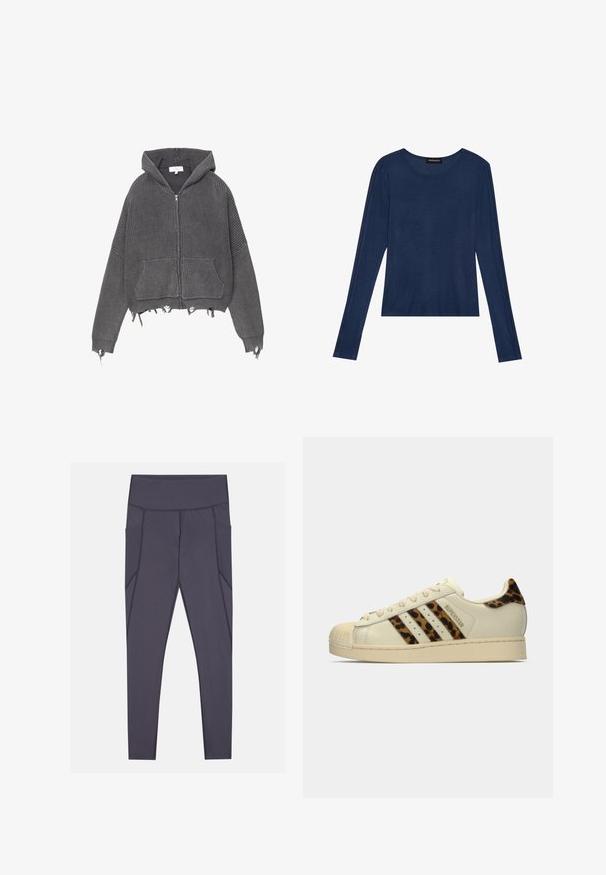 Grå cropped hoodie med ribbet tekstur, frontlynlås, to lommer og frynset kant. Har en rummelig hætte og løstsiddende ærmer.; Mørkeblå bluse med lange ærmer i blødt stof, har en rund halsudskæring og flade sømme langs ærmerne, med en afslappet pasform.; Mørkegrå leggings med høj talje, der har sidelommer og strukturerede syninger. Fremstillet af strækbart, åndbart stof.; Off-white Adidas Superstar sneakers med leopardmønstrede striber og hælplet, beige gummi-fodtås og "SUPERSTAR" tekst på siden.