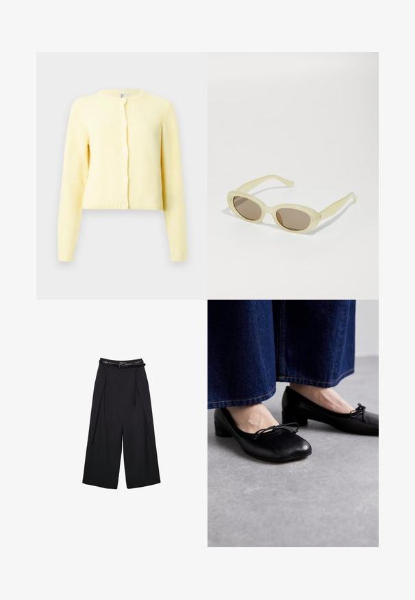 Keltainen raidallinen neuletakki pitkillä hihoilla, pyöreällä kaula-aukolla ja viidellä napilla edessä. Pehmeä rakenne ja lyhyempi malli.; Valkoinen lyhythihainen T-paita, joka on tehty puuvillasta. Siinä on pyöreä kaula-aukko ja rento malli. Silkkinen pinta ilman näkyviä kuvioita tai koristeita.; Mustat leveälahkeiset housut, jotka on valmistettu sileästä kankaasta. Niissä on korkea vyötärö ja vyölenkit, sekä pleatattu etuosa ilman näkyviä kuvioita.; Musta nahkakengät, joissa on nelikulmainen kärki ja pieni korko, edessä koristeellinen nauha. Yhdistetty tumman farkuhousujen kanssa.; Kellonmuotoiset aurinkolasit, joissa on läpinäkyvä vaaleankeltainen kehys ja ruskeat linssit. Ominaisuuksiin kuuluu sileä pinta ja hienovaraiset metalliosat sivuilla.