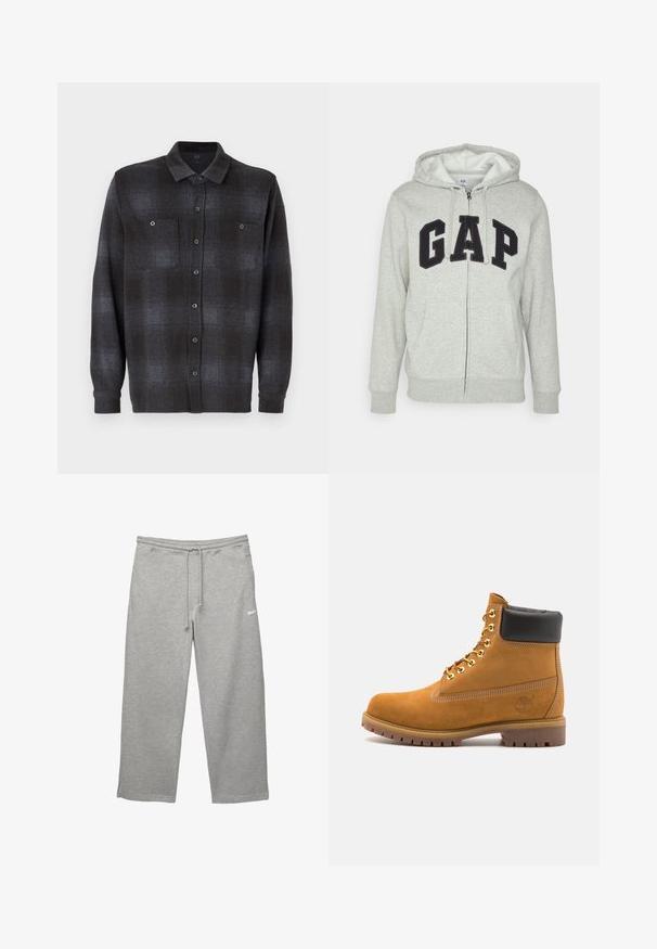 Harmaa vetoketjuhuppari, jossa on edessä kengurupussitasku ja musta "GAP"-logo. Pehmeää kangasta ja säädettävä nyöri hupparissa.; Pitkähihaista nappipaitaa musta ja tummanharmaa ruudullinen kuvio, jossa on kaksi rintataskua ja perinteinen kaulus. Sileä kangas.; Valkoinen lyhythihainen t-paita, joka on valmistettu puuvillasta, ominaisuutenaan pyöreä pääntie ja rento istuvuus. Sileä pinta, ilman näkyviä kuvioita tai yksityiskohtia.; Harmaat collegehousut, jotka on valmistettu pehmeästä kankaasta, jossa on joustava vyötärönauha, säädettävä nyöri ja sivutaskut. Sisältää pienen valkoisen logon.; Valkoinen nahkainen nilkkuri mustalla pehmustetulla kauluksella, kultaisilla metallisilla rei'illä, valkoisella ompeluksella ja jykevällä kumipohjalla, jossa on selvästi näkyvät urat.