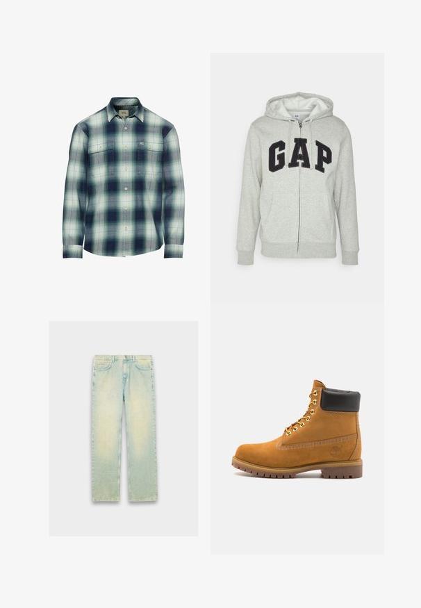 Grauer Reißverschluss-Hoodie mit einer vorderen Kängurutasche, ausgestattet mit einem schwarzen "GAP"-Logo. Weicher Stoff und verstellbare Kapuze mit Kordelzug.; Langärmliges kariertes Hemd in Blau-, Grün- und Cremetönen. Mit zwei Brusttaschen und Button-Down-Kragen. Material aus Baumwollmischung.; Weißes kurzärmliges T-Shirt aus Baumwolle mit Rundhalsausschnitt und lockerer Passform. Glatte Textur, ohne sichtbare Muster oder Akzente.; Hellblaue Denim-Jeans mit lockerer Passform, ausgestattet mit fünf Taschen, einem Reißverschluss und einem ausgewaschenen Finish an Oberschenkeln und Knien.; Beige Wildleder-Ankle-Boot mit schwarzem gepolstertem Kragen, goldenen Metallösen, weißen Nähdetalben und einer robusten Gummisohle mit ausgeprägtem Profil.