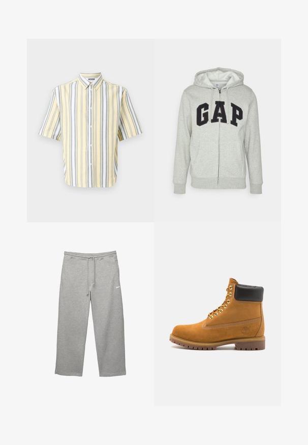 Felpa grigia con zip e tasca a marsupio frontale, con il logo "GAP" in nero. Tessuto morbido e cappuccio regolabile con cordino.; Camicia a maniche corte gialla con strisce verticali grigie e bianche, dotata di colletto a punta e chiusura frontale con bottoni.; Pantaloni sportivi grigi realizzati in tessuto morbido, con vita elastica, cordoncino regolabile e tasche laterali. Presenta un piccolo logo bianco.; Stivale alla caviglia in suede tan con collare imbottito nero, occhielli in metallo dorato, dettagli in cucitura bianca e suola in gomma robusta con battistrada pronunciato.