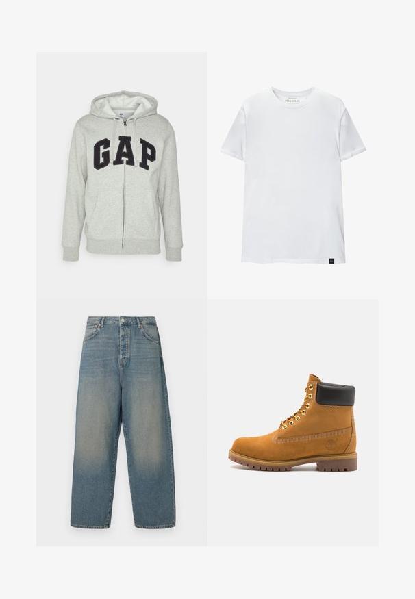 Grauer Reißverschluss-Hoodie mit einer vorderen Kängurutasche, ausgestattet mit einem schwarzen "GAP"-Logo. Weicher Stoff und verstellbare Kapuze mit Kordelzug.; Weißes Muskel-fitt T-Shirt aus Baumwolle. Rundhals, kurze Ärmel, glatte Textur. Kleines schwarzes Logo-Tag am Saum. Schlichtes Design.; Helle blaue Jeans im Weitleg-Schnitt mit hoher Taille, vier Taschen und kontrastierendem Nähen. Glatte Textur mit einem verblassten Finish.; Beige Wildleder-Ankle-Boot mit schwarzem gepolstertem Kragen, goldenen Metallösen, weißen Nähdetalben und einer robusten Gummisohle mit ausgeprägtem Profil.