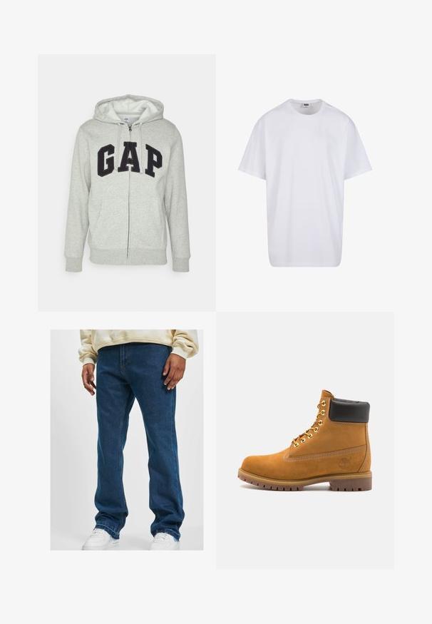 Haut zippé gris avec une poche kangourou à l'avant, arborant un logo "GAP" noir. Tissu doux et capuche avec cordon de serrage ajustable.; T-shirt en coton blanc avec des manches courtes, un col rond, une coupe décontractée et sans logos ni motifs visibles. Texture lisse et design minimaliste.; Jean droit bleu foncé en denim, avec un design simple et des coutures classiques, portés avec des baskets blanches.; Bottine en daim beige avec un col rembourré noir, œillets en métal doré, détails de surpiqûres blanches et semelle en caoutchouc robuste avec des crampons prononcés.