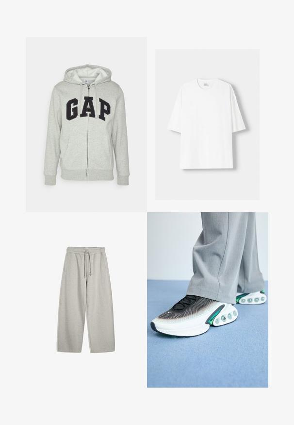 Grå zip-up huvtröja med en framficka av typ känguru, med en svart "GAP"-logotyp. Mjuk tyg och justerbar dragsko på huvan.; Vit t-shirt med kort ärm, tillverkad av bomull, med rund halsringning och en avslappnad passform. Slät yta utan synliga mönster eller detaljer.; Ljusgråa sweatpants i mjuk bomullsblandning, med elastiskt midjeband och snörning, två sidofickor och en avslappnad vida bendesign.; Svart och vit sneaker med gröna detaljer, har en texturerad mesh-övre, snörningsstängning och en synlig luftdämpande sula.
