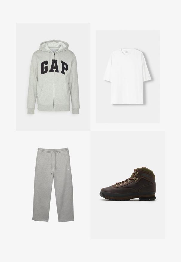 Szürke cipzáras kapucnis felső, elülső kenguruzsebbel, fekete "GAP" logóval. Puha anyag és állítható zsinóros kapucni.; Fehér, rövid ujjú pamut póló, kerek nyakkivágással és laza szabással. Simább textúra, látható minták vagy díszítések nélkül.; Szürke, puha anyagból készült melegítőnadrág, rugalmas derékpánttal, állítható húzózsinórral és oldalsó zsebekkel. Egy kis fehér logóval rendelkezik.; Barna bőr túrabakancs zöld textil gallérral. Fém fűzőhoroggal, gumitalppal és texturált talppal a jobb tapadásért.
