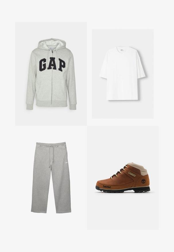 Szürke cipzáras kapucnis felső, elülső kenguruzsebbel, fekete "GAP" logóval. Puha anyag és állítható zsinóros kapucni.; Fehér, rövid ujjú pamut póló, kerek nyakkivágással és laza szabással. Simább textúra, látható minták vagy díszítések nélkül.; Szürke, puha anyagból készült melegítőnadrág, rugalmas derékpánttal, állítható húzózsinórral és oldalsó zsebekkel. Egy kis fehér logóval rendelkezik.; Barna bőr túracipő bézs színű gallérral, fekete gumitalppal és arany fűzőlyukakkal. Az oldalon Timberland logó található.