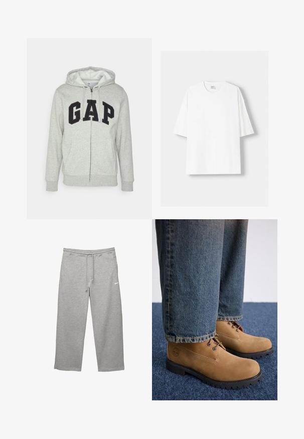 Sivi dukserica sa zatvaračem i prednjim kengur džepom, s crnim "GAP" logom. Mekana tkanina i kapuljača s podesivim vezicama.; Bijela kratkodlana majica s kratkim rukavima, izrađena od pamuka, s okruglim izrezom i opuštenim krojem. Gladak materijal, bez vidljivih uzoraka ili akcenta.; Sive trenerke od mekanog materijala s elastičnim pojasom, podesivom vezicom i bočnim džepovima. Ima mali bijeli logo.; Timberland Gležnjače s vezicama - medium beige