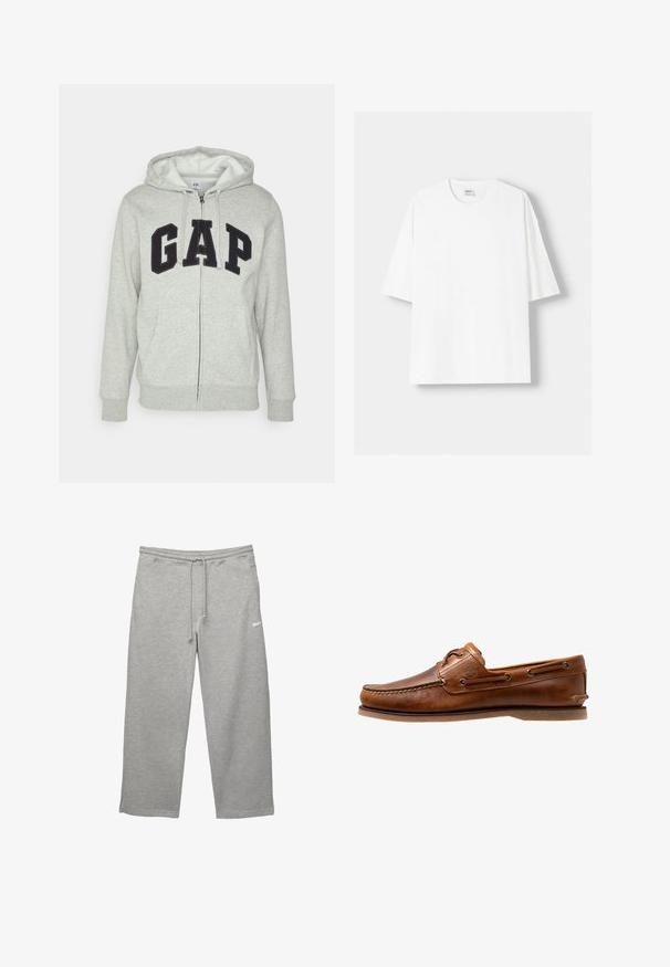 Hanorac gri cu fermoar, prevăzut cu o buză frontală tip kangur, având un logo negru "GAP". Material moale și glugă ajustabilă cu șnur.; Tricou alb cu mânecă scurtă, confecționat din bumbac, cu un decolteu rotund și o croială lejeră. Textură netedă, fără modele sau accente vizibile.; Pantaloni de trening gri dintr-un material moale, cu talie elastică, șnur ajustabil și buzunare laterale. Prezintă un mic logo alb.; Pantofii de bărbat din piele maro, de tip boat shoe, cu accente cusute, dotati cu ochiuri metalice, cu o cusătură ridicată pe vârf și o talpă plată din cauciuc.