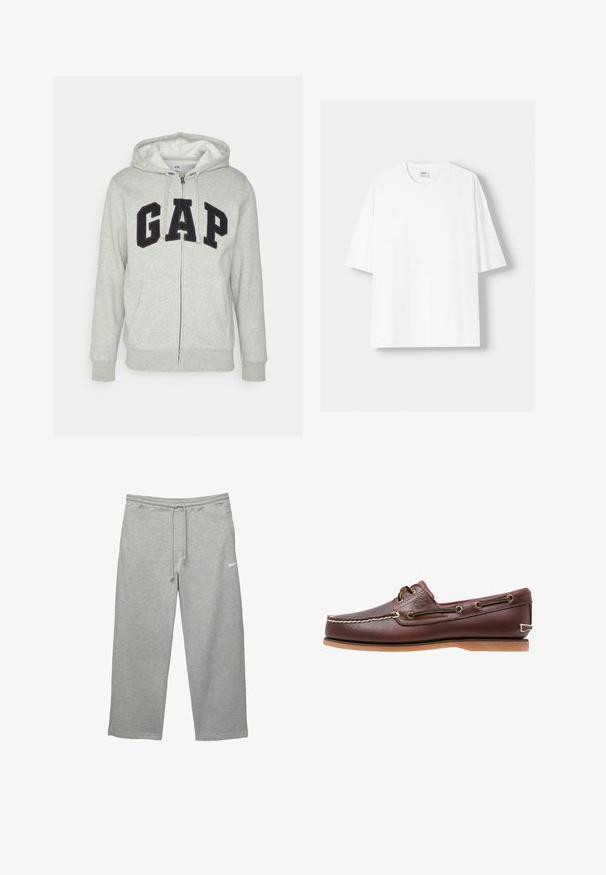 Harmaa vetoketjuhuppari, jossa on edessä kengurupussitasku ja musta "GAP"-logo. Pehmeää kangasta ja säädettävä nyöri hupparissa.; Valkoinen lyhythihainen t-paita, joka on valmistettu puuvillasta, ominaisuutenaan pyöreä pääntie ja rento istuvuus. Sileä pinta, ilman näkyviä kuvioita tai yksityiskohtia.; Harmaat collegehousut, jotka on valmistettu pehmeästä kankaasta, jossa on joustava vyötärönauha, säädettävä nyöri ja sivutaskut. Sisältää pienen valkoisen logon.; Ruske derbi čevlji za čoln z belim šivanjem, rjavimi vezalkami in svetlo rjavim gumijastim podplatom. Imajo logo na strani in kovinske odprtine za vezalke.