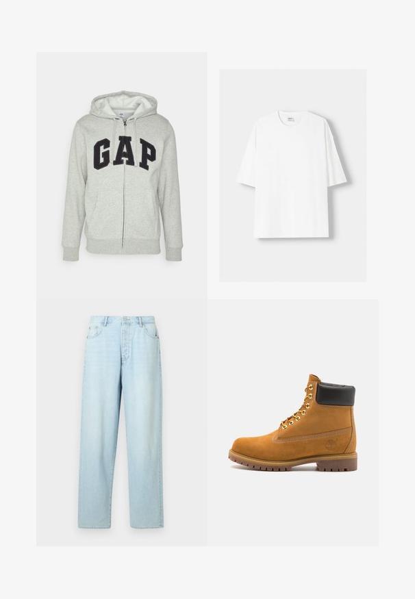 Šedá mikina s kapsou na klokanku a zipem, s černým logem "GAP". Měkká látka a nastavitelné stahovací kapuce.; Bílá krátkosrstá tričko s krátkým rukávem vyrobené z bavlny, se zaobleným výstřihem a volným střihem. Hladká textura, bez viditelných vzorů nebo akcentů.; Světle modré džíny s vysokým pasem a rovnými nohavicemi, vyrobené z denimu, mají pět kapes a zapínání na knoflík vpředu.; Hnědé semišové kotníkové boty s černým polstrovaným límcem, zlatými kovovými očky, bílým prošíváním a odolnou gumovou podrážkou s výraznými drážkami.