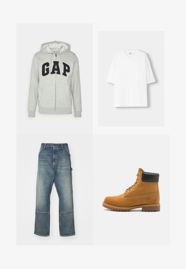 Gray zip-up hoodie with a front kangaroo pocket, featuring a black "GAP" logo. Soft fabric and adjustable drawstring hood.; White short-sleeved t-shirt made from cotton, featuring a round neckline and a relaxed fit. Smooth texture, with no visible patterns or accents.; Light blue jeans with a relaxed fit, made from denim. Features wide legs, large front pockets, and contrast stitching details.; Tan suede ankle boot with black padded collar, gold metal eyelets, white stitching detailing, and rugged rubber sole with pronounced treads.