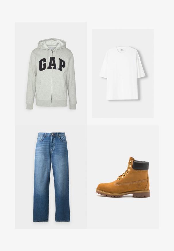 Gray zip-up hoodie with a front kangaroo pocket, featuring a black "GAP" logo. Soft fabric and adjustable drawstring hood.; White short-sleeved t-shirt made from cotton, featuring a round neckline and a relaxed fit. Smooth texture, with no visible patterns or accents.; Straight-leg blue denim jeans with five pockets and a button-zipper closure, displayed on a white background.; Tan suede ankle boot with black padded collar, gold metal eyelets, white stitching detailing, and rugged rubber sole with pronounced treads.