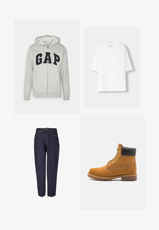 Harmaa vetoketjuhuppari, jossa on edessä kengurupussitasku ja musta "GAP"-logo. Pehmeää kangasta ja säädettävä nyöri hupparissa.; Valkoinen lyhythihainen t-paita, joka on valmistettu puuvillasta, ominaisuutenaan pyöreä pääntie ja rento istuvuus. Sileä pinta, ilman näkyviä kuvioita tai yksityiskohtia.; Tummat farkut suoranlahkeisella muotoilulla, jossa on perinteinen viiden taskun tyyli, hillitty kultaommel ja metallinen napitus.; Valkoinen nahkainen nilkkuri mustalla pehmustetulla kauluksella, kultaisilla metallisilla rei'illä, valkoisella ompeluksella ja jykevällä kumipohjalla, jossa on selvästi näkyvät urat.