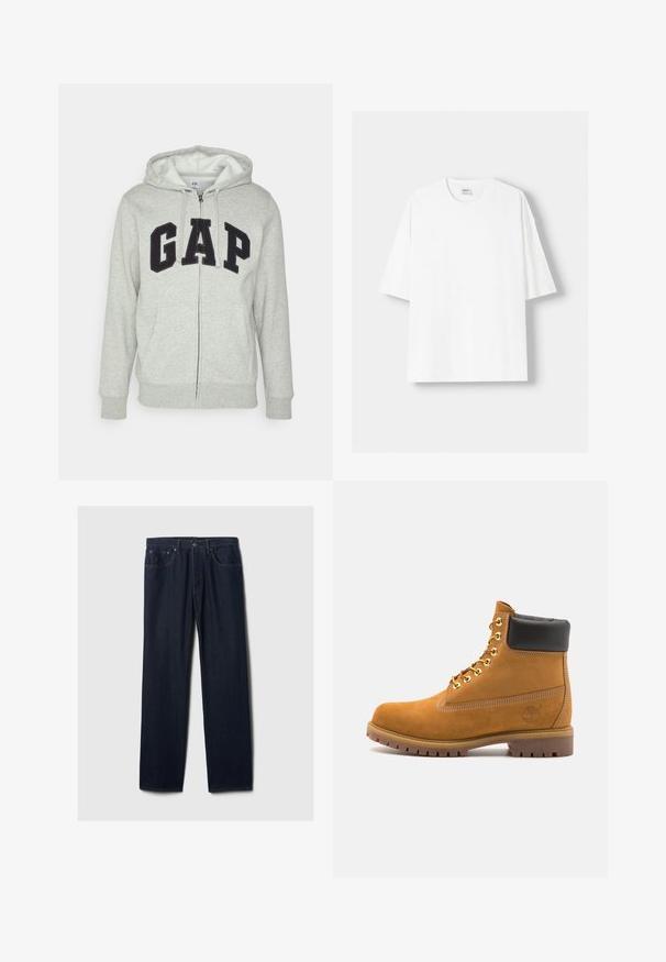 Gray zip-up hoodie with a front kangaroo pocket, featuring a black "GAP" logo. Soft fabric and adjustable drawstring hood.; White short-sleeved t-shirt made from cotton, featuring a round neckline and a relaxed fit. Smooth texture, with no visible patterns or accents.; Dark blue straight-leg denim jeans with five-pocket design, button closure, and visible stitching on a plain light background.; Tan suede ankle boot with black padded collar, gold metal eyelets, white stitching detailing, and rugged rubber sole with pronounced treads.