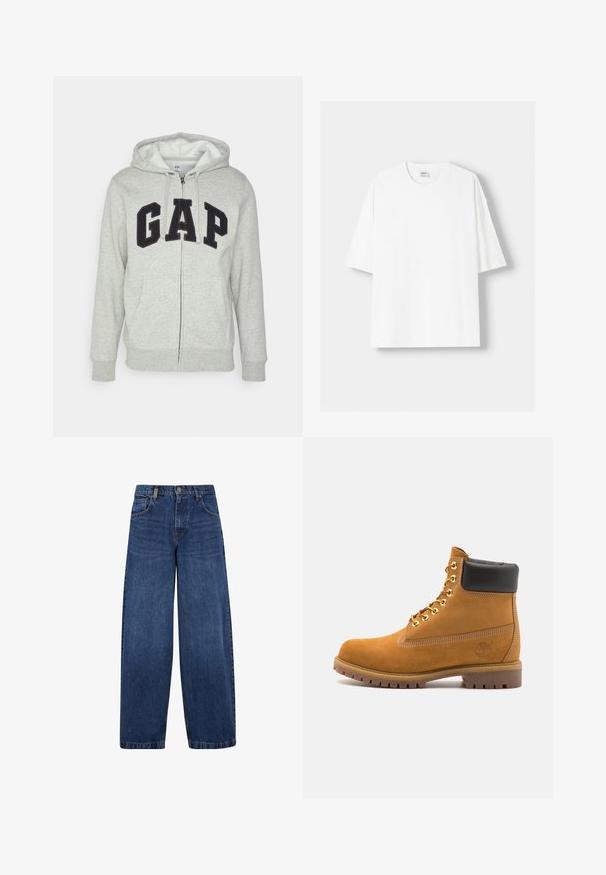 Siva zip-up kapuca z zadrgo s sprednjim kengurujskim žepom, s črnim logotipom "GAP". Mehak material in nastavljiva kapuca na vrvico.; Bela kratka majica s kratkimi rokavi iz bombaža, s krožnim izrezom in sproščenim krojem. Gladka tekstura, brez vidnih vzorcev ali poudarkov.; Široke modre kavbojke izdenim z klasičnim petim žepom, z gumbom za zapiranje in nekoliko zbledelim videzom. Trdne šive.; Svetlo rjave anklne čizme iz semiša z črnim oblazinjenim ovratnikom, zlatimi kovinskimi očesci, belimi šivi in robustnim gumijastim podplatom s izrazitimi tredi.