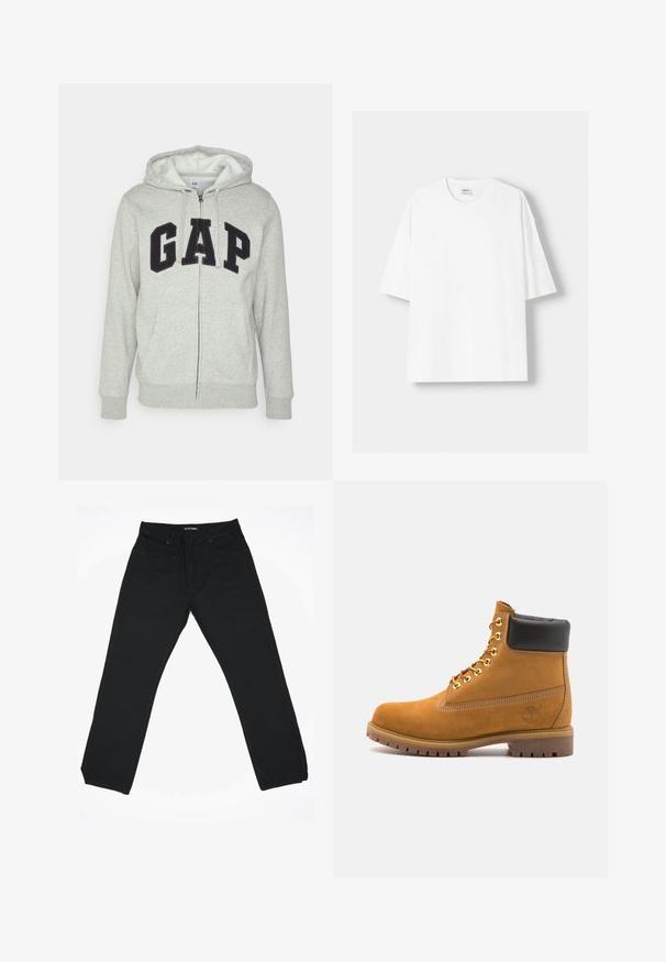 Šedá mikina s kapsou na klokanku a zipem, s černým logem "GAP". Měkká látka a nastavitelné stahovací kapuce.; Bílá krátkosrstá tričko s krátkým rukávem vyrobené z bavlny, se zaobleným výstřihem a volným střihem. Hladká textura, bez viditelných vzorů nebo akcentů.; Černé džíny s rovnými nohavicemi, středním pasem, pěti kapsami a decentními švy.; Hnědé semišové kotníkové boty s černým polstrovaným límcem, zlatými kovovými očky, bílým prošíváním a odolnou gumovou podrážkou s výraznými drážkami.