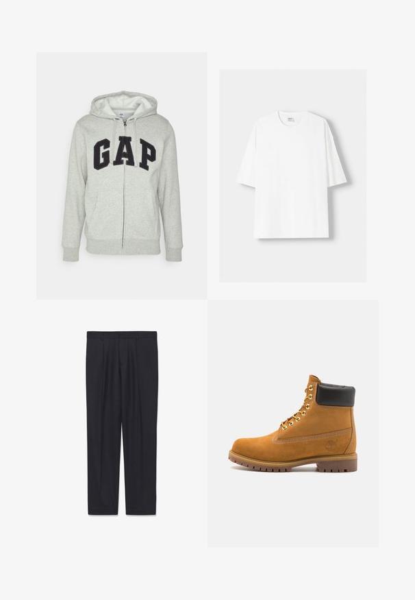 Grå zip-up huvtröja med en framficka av typ känguru, med en svart "GAP"-logotyp. Mjuk tyg och justerbar dragsko på huvan.; Vit t-shirt med kort ärm, tillverkad av bomull, med rund halsringning och en avslappnad passform. Slät yta utan synliga mönster eller detaljer.; Svarta raka klänningsbyxor med bälteshällor och framvik påsidor, tillverkade av textil med strukturerad yta, visade platt på en vit bakgrund.; Tan mockasins ankelstövlar med svart vadderad krage, guldmetallöglor, vit sömdekor och slitstöt gummisula med utmärkta mönster.