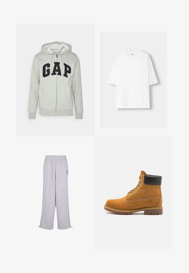 Grå zip-up hoodie med en front kangaroo-lomme, der har et sort "GAP" logo. Blødt stof og justerbar hætte med snor.; Hvid kortærmet T-shirt lavet af bomuld, med rund halsudskæring og en afslappet pasform. Glat tekstur, uden synlige mønstre eller detaljer.; Karl Kani Træningsbukser - grey; Tan nubuck ankelstøvle med sort polstret krave, gyldne metaløjer, hvid syning detaljer og robust gummisål med udtalte slidbaner.