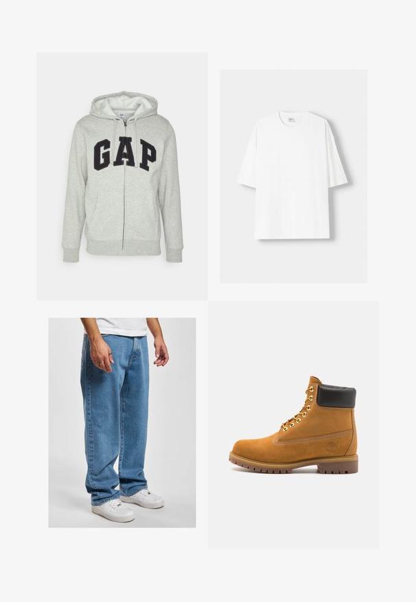 Šedá mikina s kapsou na klokanku a zipem, s černým logem "GAP". Měkká látka a nastavitelné stahovací kapuce.; Bílá krátkosrstá tričko s krátkým rukávem vyrobené z bavlny, se zaobleným výstřihem a volným střihem. Hladká textura, bez viditelných vzorů nebo akcentů.; Světle modré denimové džíny s uvolněným střihem, se rovnými nohavicemi a jemným vyblednutím, doplněné bílými teniskami.; Hnědé semišové kotníkové boty s černým polstrovaným límcem, zlatými kovovými očky, bílým prošíváním a odolnou gumovou podrážkou s výraznými drážkami.