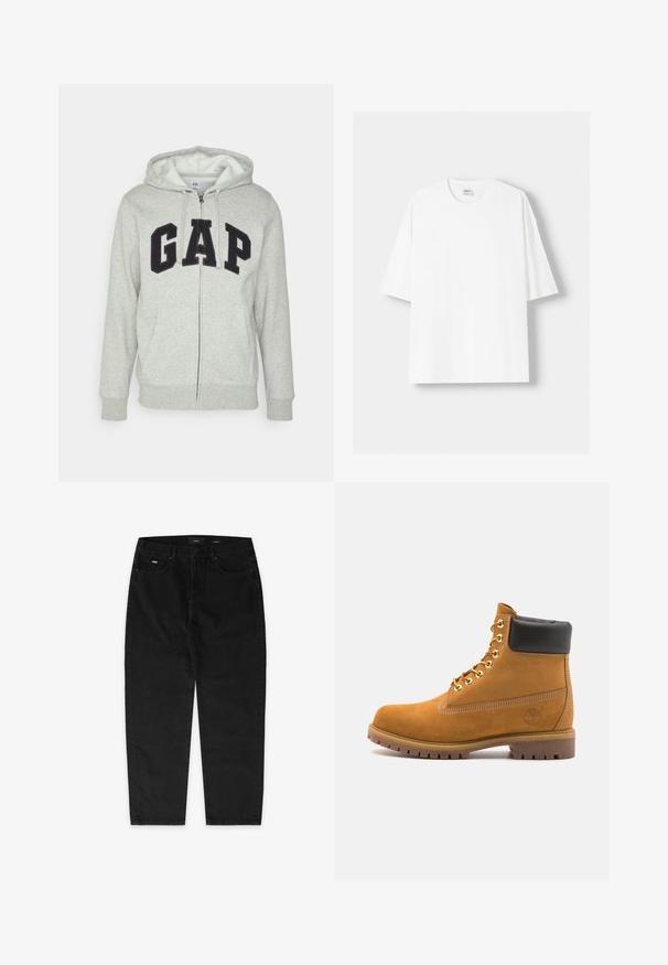 Šedá mikina s kapsou na klokanku a zipem, s černým logem "GAP". Měkká látka a nastavitelné stahovací kapuce.; Bílá krátkosrstá tričko s krátkým rukávem vyrobené z bavlny, se zaobleným výstřihem a volným střihem. Hladká textura, bez viditelných vzorů nebo akcentů.; EIGHTYFIVE WITH LOOP - Baggy džíny - black washed; Hnědé semišové kotníkové boty s černým polstrovaným límcem, zlatými kovovými očky, bílým prošíváním a odolnou gumovou podrážkou s výraznými drážkami.