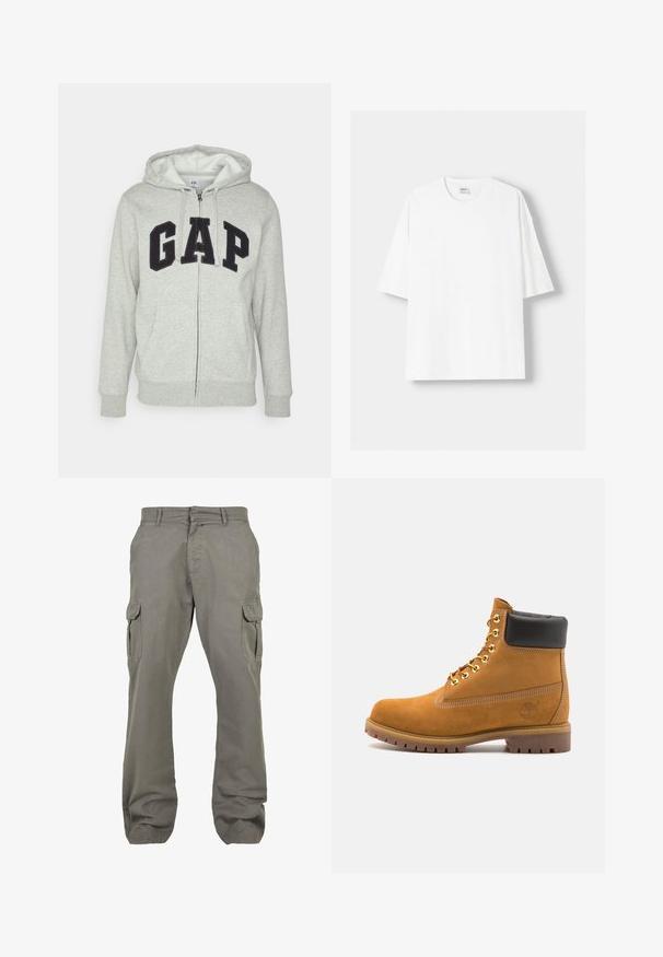 Grauer Reißverschluss-Hoodie mit einer vorderen Kängurutasche, ausgestattet mit einem schwarzen "GAP"-Logo. Weicher Stoff und verstellbare Kapuze mit Kordelzug.; Weißes kurzärmliges T-Shirt aus Baumwolle mit Rundhalsausschnitt und lockerer Passform. Glatte Textur, ohne sichtbare Muster oder Akzente.; Cargo-Hosen aus hellgrauem Stoff mit geradem Bein, die mehrere Seitentaschen und einen Knopfverschluss für einen sicheren Sitz bieten.; Beige Wildleder-Ankle-Boot mit schwarzem gepolstertem Kragen, goldenen Metallösen, weißen Nähdetalben und einer robusten Gummisohle mit ausgeprägtem Profil.