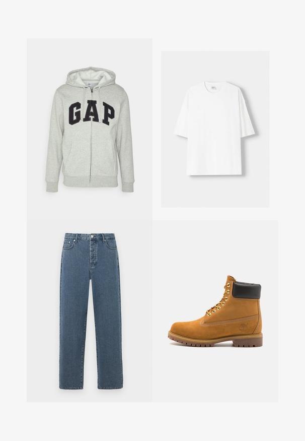 Szürke cipzáras kapucnis felső, elülső kenguruzsebbel, fekete "GAP" logóval. Puha anyag és állítható zsinóros kapucni.; Fehér, rövid ujjú pamut póló, kerek nyakkivágással és laza szabással. Simább textúra, látható minták vagy díszítések nélkül.; Kék farmernadrág egyenes lábakkal, cipzáros záródással, övtartókkal és öt zsebes kialakítással. Az anyag enyhe fakulást és textúrát mutat.; Barna velúr bokacipő fekete párnázott gallérral, arany fém fűzőlyukakkal, fehér varrási részletekkel és durva gumitalppal, amelynek kifejezett barázdái vannak.