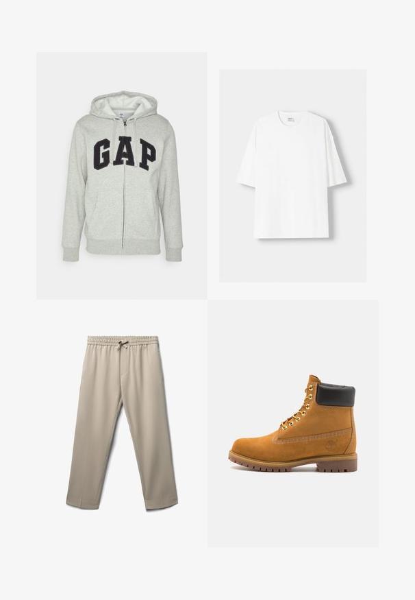 Grauer Reißverschluss-Hoodie mit einer vorderen Kängurutasche, ausgestattet mit einem schwarzen "GAP"-Logo. Weicher Stoff und verstellbare Kapuze mit Kordelzug.; Weißes kurzärmliges T-Shirt aus Baumwolle mit Rundhalsausschnitt und lockerer Passform. Glatte Textur, ohne sichtbare Muster oder Akzente.; Beige, leichte Hose mit einem elastischen Bund und Kordelzug. Sie hat seitliche Taschen und ein gerades Bein-Design. Glatte Textur.; Beige Wildleder-Ankle-Boot mit schwarzem gepolstertem Kragen, goldenen Metallösen, weißen Nähdetalben und einer robusten Gummisohle mit ausgeprägtem Profil.
