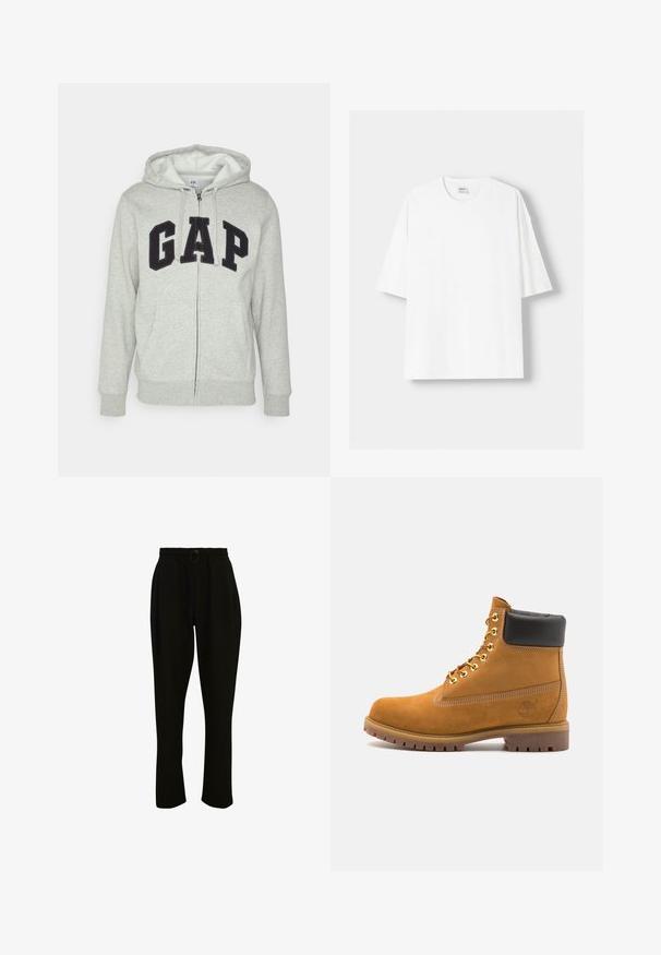 Grauer Reißverschluss-Hoodie mit einer vorderen Kängurutasche, ausgestattet mit einem schwarzen "GAP"-Logo. Weicher Stoff und verstellbare Kapuze mit Kordelzug.; Weißes kurzärmliges T-Shirt aus Baumwolle mit Rundhalsausschnitt und lockerer Passform. Glatte Textur, ohne sichtbare Muster oder Akzente.; Schwarze, gerippte Hosen mit einem elastischen Bündchen, die eine Kordel hat und weite Beine aufweist. Der Stoff ist weich mit einer glatten Textur.; Beige Wildleder-Ankle-Boot mit schwarzem gepolstertem Kragen, goldenen Metallösen, weißen Nähdetalben und einer robusten Gummisohle mit ausgeprägtem Profil.
