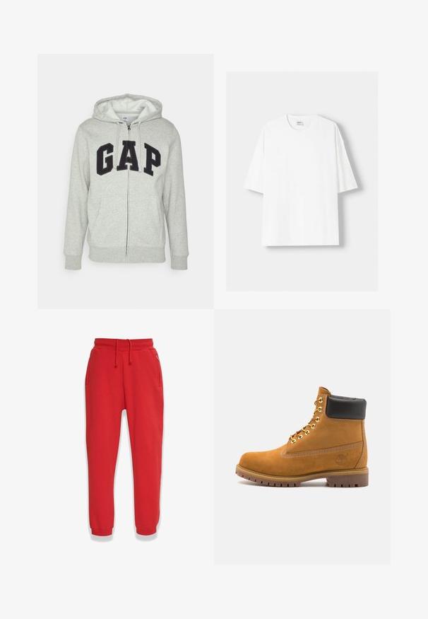 Grå zip-up hoodie med en front kangaroo-lomme, der har et sort "GAP" logo. Blødt stof og justerbar hætte med snor.; Hvid kortærmet T-shirt lavet af bomuld, med rund halsudskæring og en afslappet pasform. Glat tekstur, uden synlige mønstre eller detaljer.; Røde sweatpants lavet af blødt stof, med elastisk talje med snørebånd, sidelommer og smalle ben.; Tan nubuck ankelstøvle med sort polstret krave, gyldne metaløjer, hvid syning detaljer og robust gummisål med udtalte slidbaner.