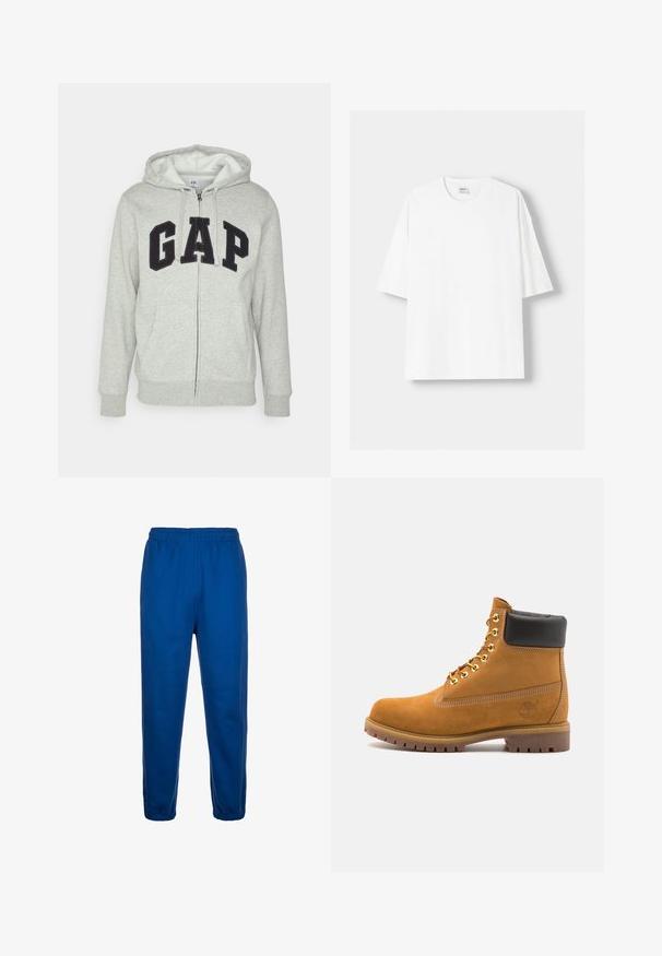 Grå zip-up huvtröja med en framficka av typ känguru, med en svart "GAP"-logotyp. Mjuk tyg och justerbar dragsko på huvan.; Vit t-shirt med kort ärm, tillverkad av bomull, med rund halsringning och en avslappnad passform. Slät yta utan synliga mönster eller detaljer.; Blå mjukisbyxor i mjukt material, med resårmidja och smalnande ben med resår längst ner vid vristerna.; Tan mockasins ankelstövlar med svart vadderad krage, guldmetallöglor, vit sömdekor och slitstöt gummisula med utmärkta mönster.