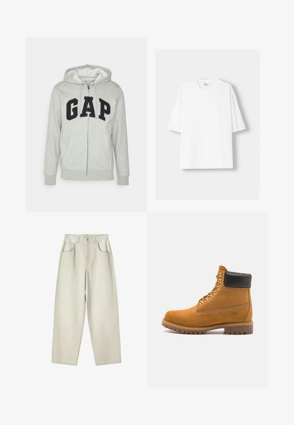 Šedá mikina s kapsou na klokanku a zipem, s černým logem "GAP". Měkká látka a nastavitelné stahovací kapuce.; Bílá krátkosrstá tričko s krátkým rukávem vyrobené z bavlny, se zaobleným výstřihem a volným střihem. Hladká textura, bez viditelných vzorů nebo akcentů.; Béžové džíny s vysokým pasem a rovnými nohavicemi, s předním knoflíkem, zipem, dvěma předními kapsami a poutky na pás, položené na bílém pozadí.; Hnědé semišové kotníkové boty s černým polstrovaným límcem, zlatými kovovými očky, bílým prošíváním a odolnou gumovou podrážkou s výraznými drážkami.