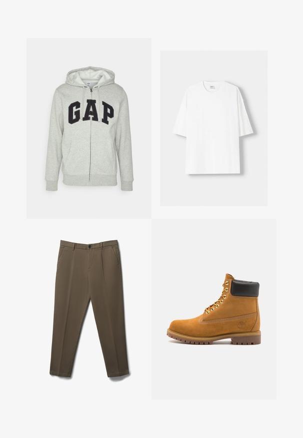 Felpa grigia con zip e tasca a marsupio frontale, con il logo "GAP" in nero. Tessuto morbido e cappuccio regolabile con cordino.; T-shirt bianco a maniche corte realizzato in cotone, con scollatura rotonda e vestibilità rilassata. Texture liscia, senza motivi o dettagli visibili.; Pantaloni slim-fit marroni con tasche frontali, passanti per cintura, chiusura con bottone e dettaglio di piega centrale.; Stivale alla caviglia in suede tan con collare imbottito nero, occhielli in metallo dorato, dettagli in cucitura bianca e suola in gomma robusta con battistrada pronunciato.