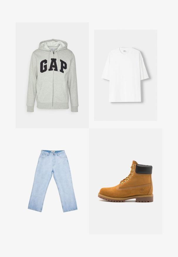 Grijze zip-up hoodie met een voorkant kangaroo zak, met een zwart "GAP" logo. Zachte stof en verstelbare trekkoordcapuchon.; Witte t-shirt met korte mouwen, gemaakt van katoen, met een ronde halslijn en een relaxte pasvorm. Gladde textuur, zonder zichtbare patronen of accenten.; Lichtblauwe denim jeans met een recht model, elastische tailleband en vijf zakken. Soepele textuur en minimale stikdetails.; Tan suède enkelboot met zwart gevoerd kraagje, gouden metalen oogjes, witte stikdetails en een robuuste rubberen zool met uitgesproken profiel.