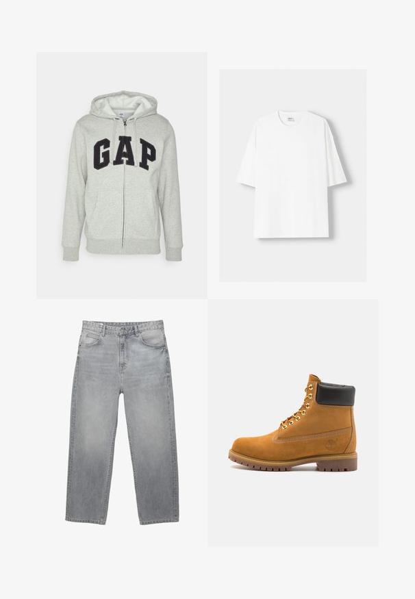 Felpa grigia con zip e tasca a marsupio frontale, con il logo "GAP" in nero. Tessuto morbido e cappuccio regolabile con cordino.; T-shirt bianco a maniche corte realizzato in cotone, con scollatura rotonda e vestibilità rilassata. Texture liscia, senza motivi o dettagli visibili.; Jeans in denim grigio chiaro con design a gamba dritta, dotati di cinque tasche, chiusura con bottone e un leggero effetto sbiadito per aggiungere texture.; Stivale alla caviglia in suede tan con collare imbottito nero, occhielli in metallo dorato, dettagli in cucitura bianca e suola in gomma robusta con battistrada pronunciato.