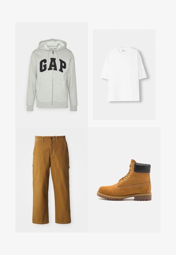 Grå zip-up hoodie med en front kangaroo-lomme, der har et sort "GAP" logo. Blødt stof og justerbar hætte med snor.; Hvid kortærmet T-shirt lavet af bomuld, med rund halsudskæring og en afslappet pasform. Glat tekstur, uden synlige mønstre eller detaljer.; Brune bomuldsbukser med lige pasform, forstærkede sømme og sidelommer. Har en knaplukning og bæltestropper i taljen.; Tan nubuck ankelstøvle med sort polstret krave, gyldne metaløjer, hvid syning detaljer og robust gummisål med udtalte slidbaner.