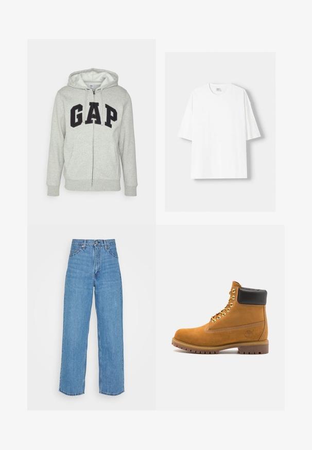 Sivi dukserica sa zatvaračem i prednjim kengur džepom, s crnim "GAP" logom. Mekana tkanina i kapuljača s podesivim vezicama.; Bijela kratkodlana majica s kratkim rukavima, izrađena od pamuka, s okruglim izrezom i opuštenim krojem. Gladak materijal, bez vidljivih uzoraka ili akcenta.; Svijetloplave traperice s visokim strukom i širokim nogavicama. Značajke uključuju pet džepova, metalno dugme za zatvaranje i ravni rub.; Antracitne antilop čizme do gležnjeva s crnim podstavljenim ovratnikom, zlatnim metalnim rupicama, bijelim šavovima i robusnom gumenom potplatom s izraženim šarama.