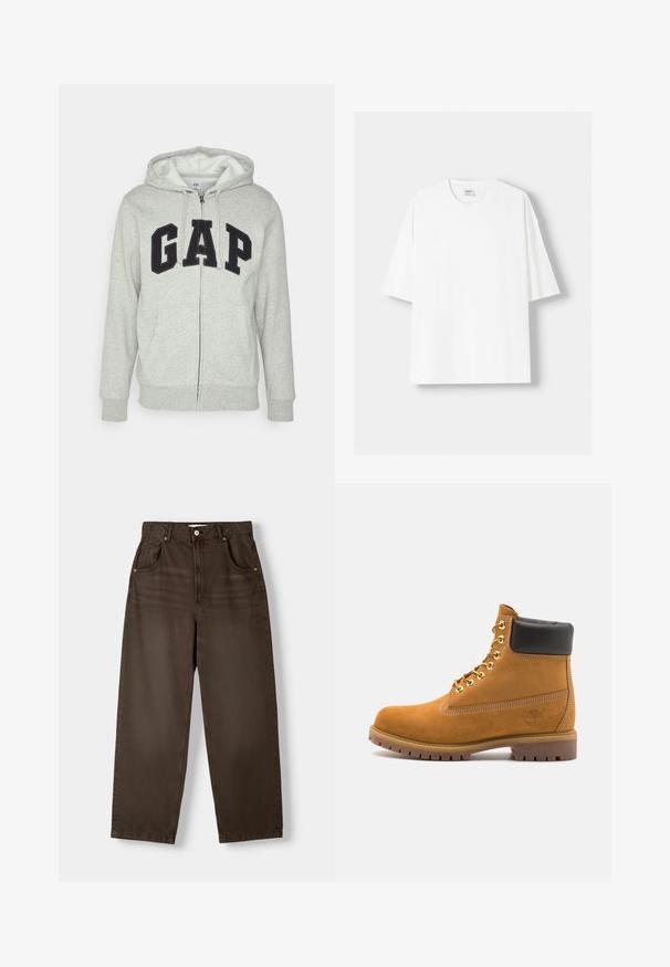 Harmaa vetoketjuhuppari, jossa on edessä kengurupussitasku ja musta "GAP"-logo. Pehmeää kangasta ja säädettävä nyöri hupparissa.; Valkoinen lyhythihainen t-paita, joka on valmistettu puuvillasta, ominaisuutenaan pyöreä pääntie ja rento istuvuus. Sileä pinta, ilman näkyviä kuvioita tai yksityiskohtia.; Ruske, høyt liv bukser laget av denim, med to frontlommer, knappestenging og rett ben-design. Glatt tekstur.; Valkoinen nahkainen nilkkuri mustalla pehmustetulla kauluksella, kultaisilla metallisilla rei'illä, valkoisella ompeluksella ja jykevällä kumipohjalla, jossa on selvästi näkyvät urat.