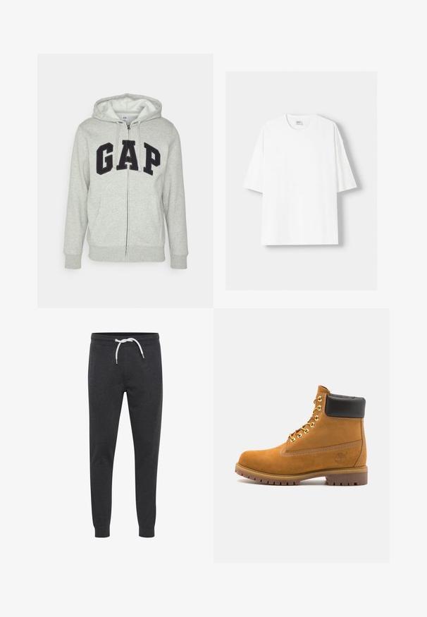 Szürke cipzáras kapucnis felső, elülső kenguruzsebbel, fekete "GAP" logóval. Puha anyag és állítható zsinóros kapucni.; Fehér, rövid ujjú pamut póló, kerek nyakkivágással és laza szabással. Simább textúra, látható minták vagy díszítések nélkül.; Sötét szürke melegítőnadrág, puha anyagból, fehér húzózsinórral, kifinomult szűkített szárakkal és egyszerű designnal, zsebek nélkül.; Barna velúr bokacipő fekete párnázott gallérral, arany fém fűzőlyukakkal, fehér varrási részletekkel és durva gumitalppal, amelynek kifejezett barázdái vannak.