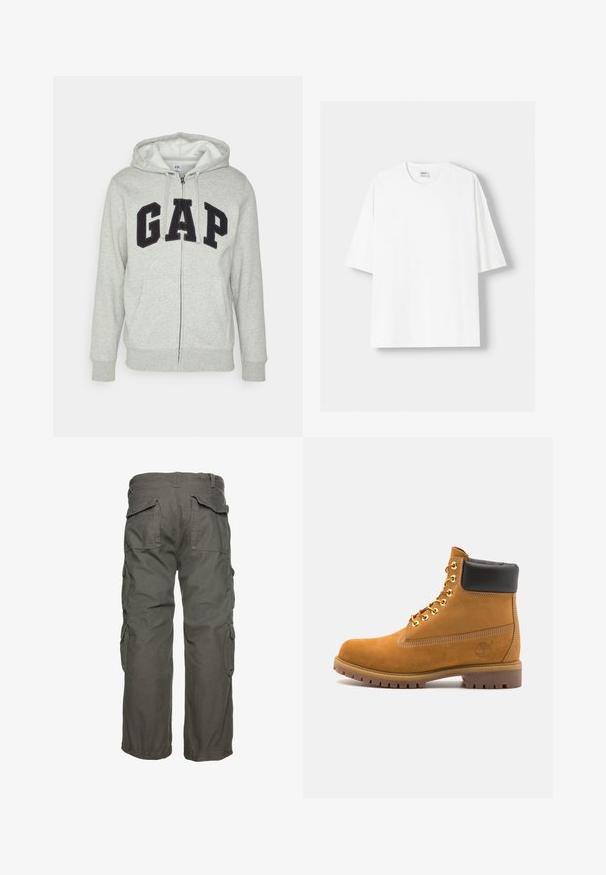 Harmaa vetoketjuhuppari, jossa on edessä kengurupussitasku ja musta "GAP"-logo. Pehmeää kangasta ja säädettävä nyöri hupparissa.; Valkoinen lyhythihainen t-paita, joka on valmistettu puuvillasta, ominaisuutenaan pyöreä pääntie ja rento istuvuus. Sileä pinta, ilman näkyviä kuvioita tai yksityiskohtia.; Vihreät cargo-housut, joissa on useita sivutaskuja, rento leikkaus ja säädettävät hihnat varman istuvuuden takaamiseksi. Kestävä puuvillakangas.; Valkoinen nahkainen nilkkuri mustalla pehmustetulla kauluksella, kultaisilla metallisilla rei'illä, valkoisella ompeluksella ja jykevällä kumipohjalla, jossa on selvästi näkyvät urat.