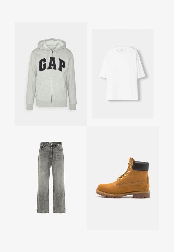 Szürke cipzáras kapucnis felső, elülső kenguruzsebbel, fekete "GAP" logóval. Puha anyag és állítható zsinóros kapucni.; Fehér, rövid ujjú pamut póló, kerek nyakkivágással és laza szabással. Simább textúra, látható minták vagy díszítések nélkül.; Szürke, bő szárú farmernadrág, elhasználódott hatással. Elöl zsebekkel, övhurkokkal és cipzáras, gombbal záródó felsőrészével rendelkezik.; Barna velúr bokacipő fekete párnázott gallérral, arany fém fűzőlyukakkal, fehér varrási részletekkel és durva gumitalppal, amelynek kifejezett barázdái vannak.