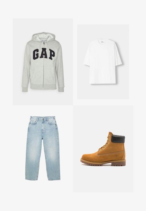 Šedá mikina s kapsou na klokanku a zipem, s černým logem "GAP". Měkká látka a nastavitelné stahovací kapuce.; Bílá krátkosrstá tričko s krátkým rukávem vyrobené z bavlny, se zaobleným výstřihem a volným střihem. Hladká textura, bez viditelných vzorů nebo akcentů.; Světle modré džíny s vysokým pasem, rovného střihu, s předními a zadními kapsami a knoflíkovým zapínáním s viditelným šitím.; Hnědé semišové kotníkové boty s černým polstrovaným límcem, zlatými kovovými očky, bílým prošíváním a odolnou gumovou podrážkou s výraznými drážkami.