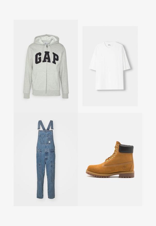 Sivi dukserica sa zatvaračem i prednjim kengur džepom, s crnim "GAP" logom. Mekana tkanina i kapuljača s podesivim vezicama.; Bijela kratkodlana majica s kratkim rukavima, izrađena od pamuka, s okruglim izrezom i opuštenim krojem. Gladak materijal, bez vidljivih uzoraka ili akcenta.; Farmerke u svijetloplavoj boji s podesivim naramenicama, brojnim džepovima i ravnim krojem. Ima oznaku brenda sprijeda.; Antracitne antilop čizme do gležnjeva s crnim podstavljenim ovratnikom, zlatnim metalnim rupicama, bijelim šavovima i robusnom gumenom potplatom s izraženim šarama.