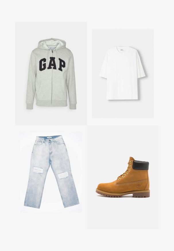 Harmaa vetoketjuhuppari, jossa on edessä kengurupussitasku ja musta "GAP"-logo. Pehmeää kangasta ja säädettävä nyöri hupparissa.; Valkoinen lyhythihainen t-paita, joka on valmistettu puuvillasta, ominaisuutenaan pyöreä pääntie ja rento istuvuus. Sileä pinta, ilman näkyviä kuvioita tai yksityiskohtia.; Vaaleansiniset farkut, joissa on väljä malli, edessä kaksi kulutettua kohtaa, napitus ja viisi taskua.; Valkoinen nahkainen nilkkuri mustalla pehmustetulla kauluksella, kultaisilla metallisilla rei'illä, valkoisella ompeluksella ja jykevällä kumipohjalla, jossa on selvästi näkyvät urat.