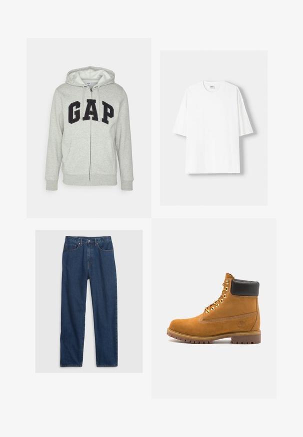 Szürke cipzáras kapucnis felső, elülső kenguruzsebbel, fekete "GAP" logóval. Puha anyag és állítható zsinóros kapucni.; Fehér, rövid ujjú pamut póló, kerek nyakkivágással és laza szabással. Simább textúra, látható minták vagy díszítések nélkül.; Sötétkék farmernadrág egyenes szabással, öt zsebes dizájnnal, felső gombbal és réz szegecsek díszítésével.; Barna velúr bokacipő fekete párnázott gallérral, arany fém fűzőlyukakkal, fehér varrási részletekkel és durva gumitalppal, amelynek kifejezett barázdái vannak.