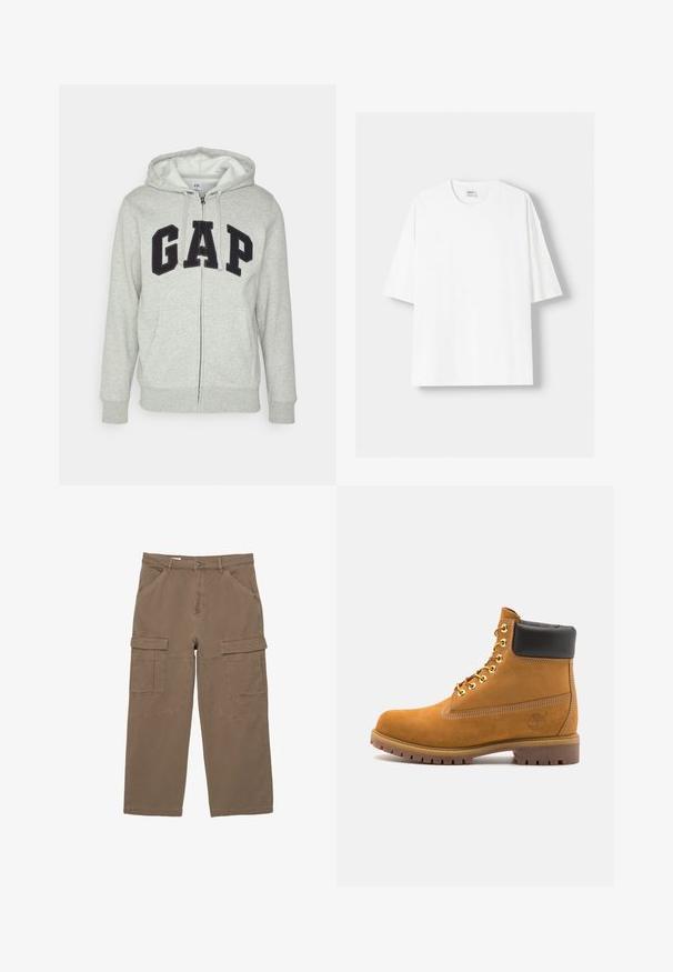 Grijze zip-up hoodie met een voorkant kangaroo zak, met een zwart "GAP" logo. Zachte stof en verstelbare trekkoordcapuchon.; Witte t-shirt met korte mouwen, gemaakt van katoen, met een ronde halslijn en een relaxte pasvorm. Gladde textuur, zonder zichtbare patronen of accenten.; Khaki cargo broeken gemaakt van katoen, met een relaxte pasvorm, twee voorkruiden en twee grote dijzakken.; Tan suède enkelboot met zwart gevoerd kraagje, gouden metalen oogjes, witte stikdetails en een robuuste rubberen zool met uitgesproken profiel.