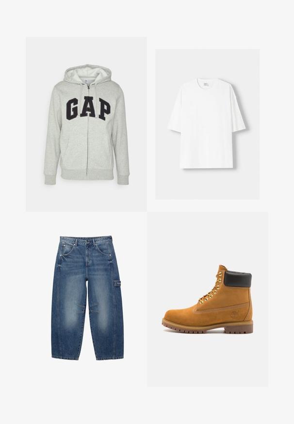 Gray zip-up hoodie with a front kangaroo pocket, featuring a black "GAP" logo. Soft fabric and adjustable drawstring hood.; White short-sleeved t-shirt made from cotton, featuring a round neckline and a relaxed fit. Smooth texture, with no visible patterns or accents.; PULL&BEAR BALLOON FIT WITH EMBROIDERED POCKET - Baggy Jeans - blue denim; Tan suede ankle boot with black padded collar, gold metal eyelets, white stitching detailing, and rugged rubber sole with pronounced treads.