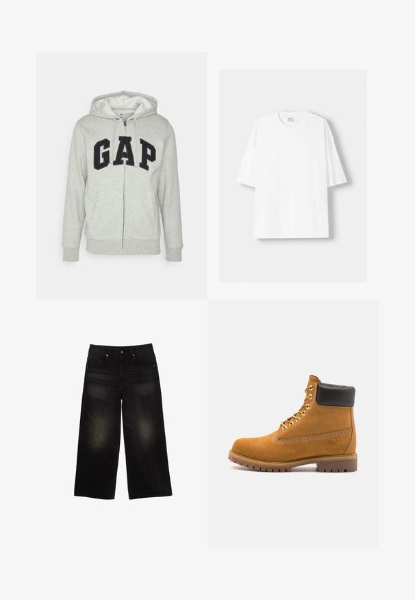 Felpa grigia con zip e tasca a marsupio frontale, con il logo "GAP" in nero. Tessuto morbido e cappuccio regolabile con cordino.; T-shirt bianco a maniche corte realizzato in cotone, con scollatura rotonda e vestibilità rilassata. Texture liscia, senza motivi o dettagli visibili.; Pantaloni in denim nero a gamba larga con vita media, dotati di cinque tasche, leggero lavaggio sui ginocchi e bordi grezzi.; Stivale alla caviglia in suede tan con collare imbottito nero, occhielli in metallo dorato, dettagli in cucitura bianca e suola in gomma robusta con battistrada pronunciato.