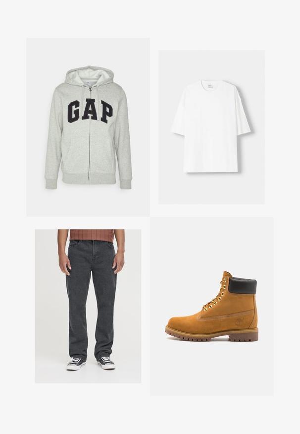 Gray zip-up hoodie with a front kangaroo pocket, featuring a black "GAP" logo. Soft fabric and adjustable drawstring hood.; White short-sleeved t-shirt made from cotton, featuring a round neckline and a relaxed fit. Smooth texture, with no visible patterns or accents.; Black denim jeans with a straight leg fit, featuring front pockets, a zipper fly, and subtle texture. Worn with black and white sneakers.; Tan suede ankle boot with black padded collar, gold metal eyelets, white stitching detailing, and rugged rubber sole with pronounced treads.